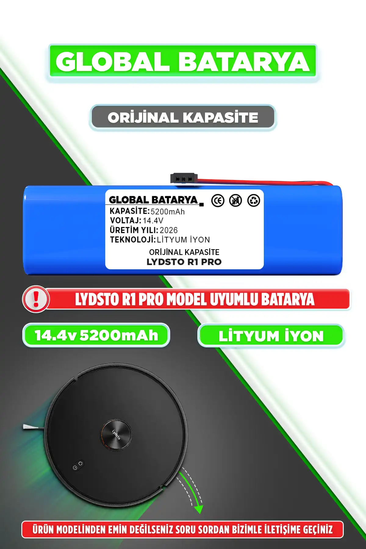 Lydsto R1 Pro Robot Süpürge Bataryası Li-ion Pil 5200mAh Orijinal Kapasite