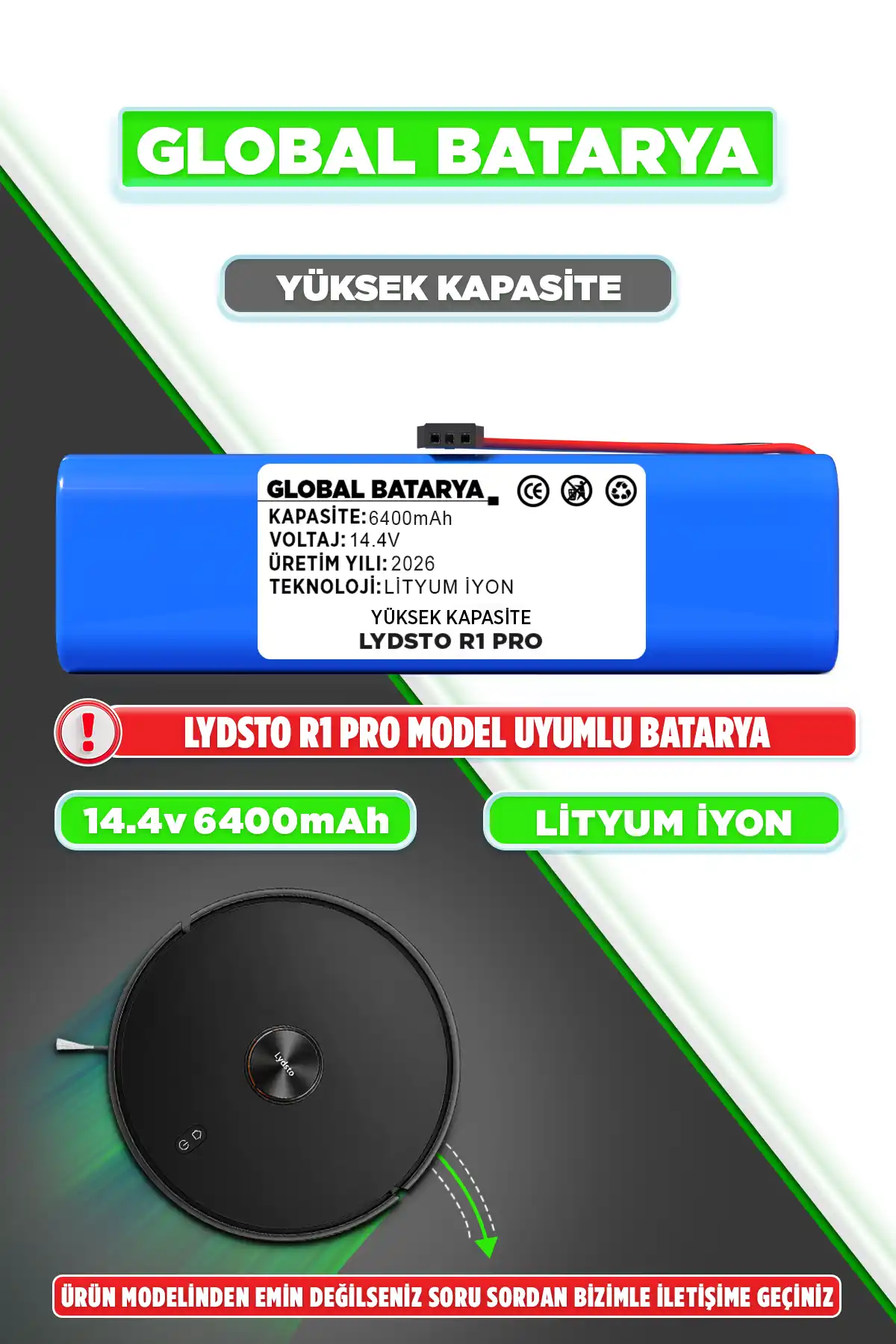 Lydsto R1 Pro Robot Süpürge Bataryası Li-ion Pil 6400mAh Yüksek Kapasite