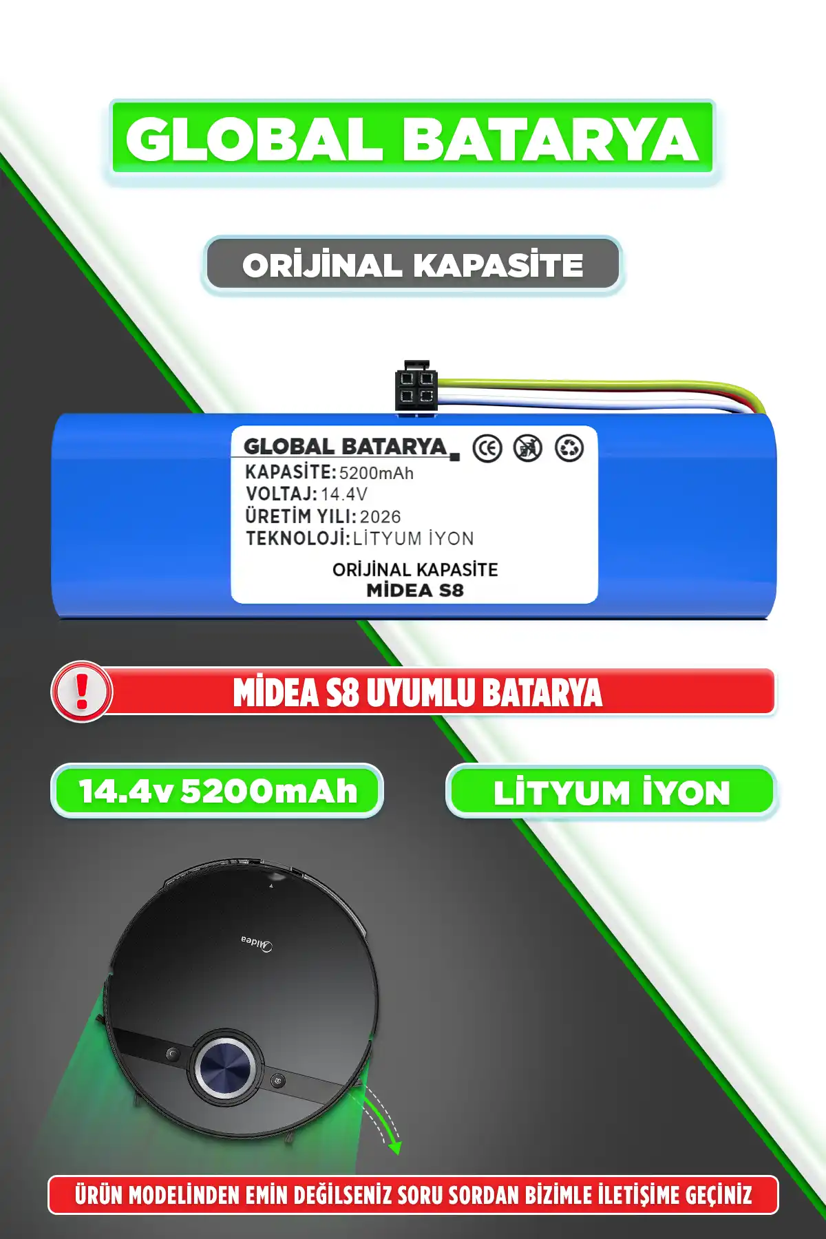 Midea S8 Uyumlu Robot Süpürge Bataryası 14.4v 5200mAh Li-ion Pil (Orijinal Kapasite)