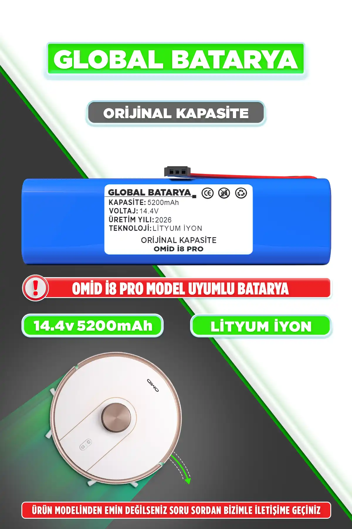 Omid İ8 Pro Robot Süpürge Bataryası 5200mAh Lityum İyon Pil Orijinal Kapasite