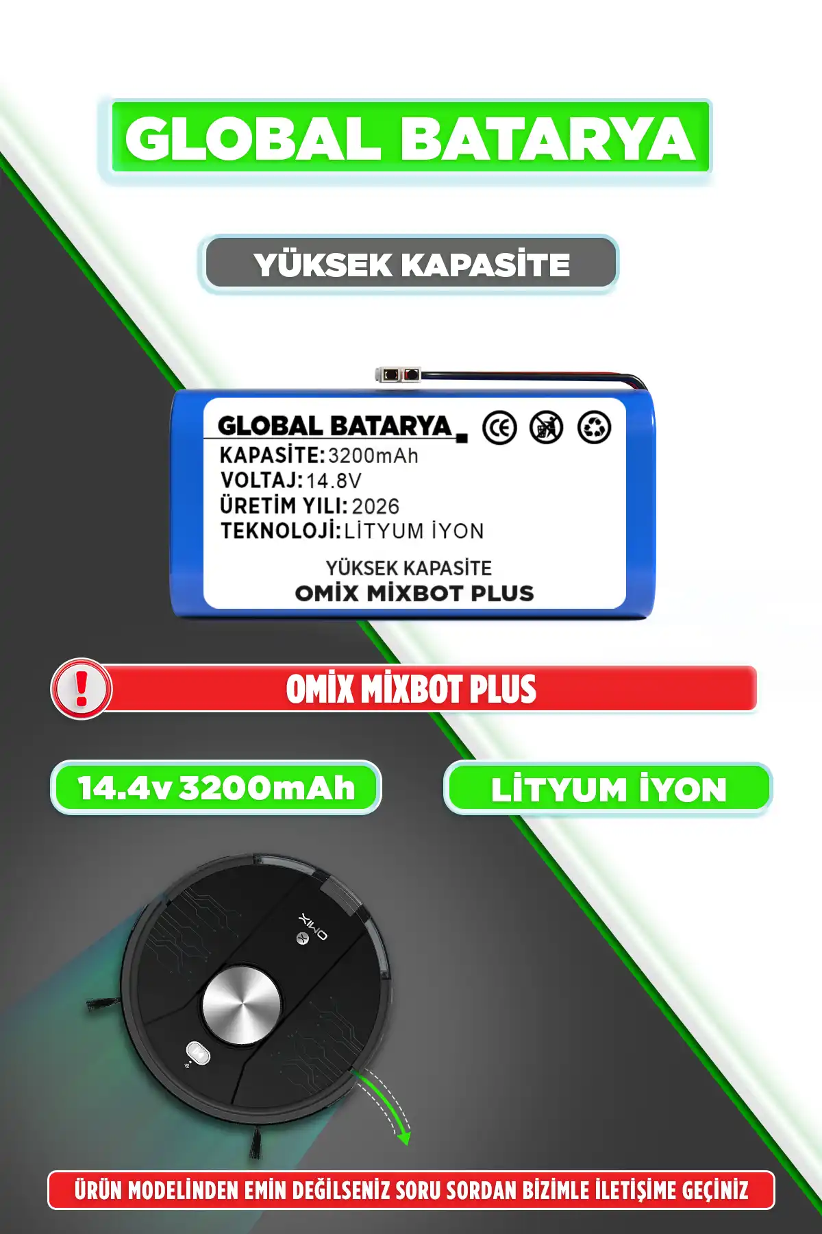 Omix Mixbot Plus Robot Süpürge Bataryası 3200mAh Lityum İyon Pil Yüksek Kapasite