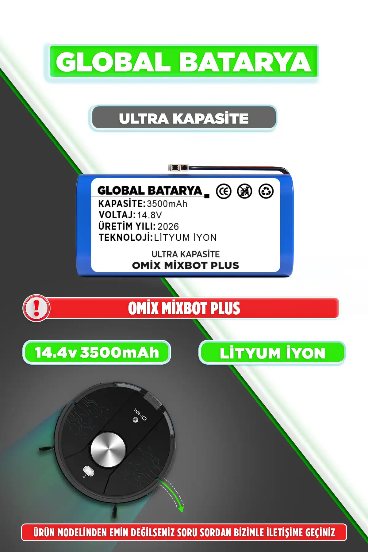 Omix Mixbot Plus Robot Süpürge Bataryası 3500mAh Lityum İyon Pil Ultra Kapasite