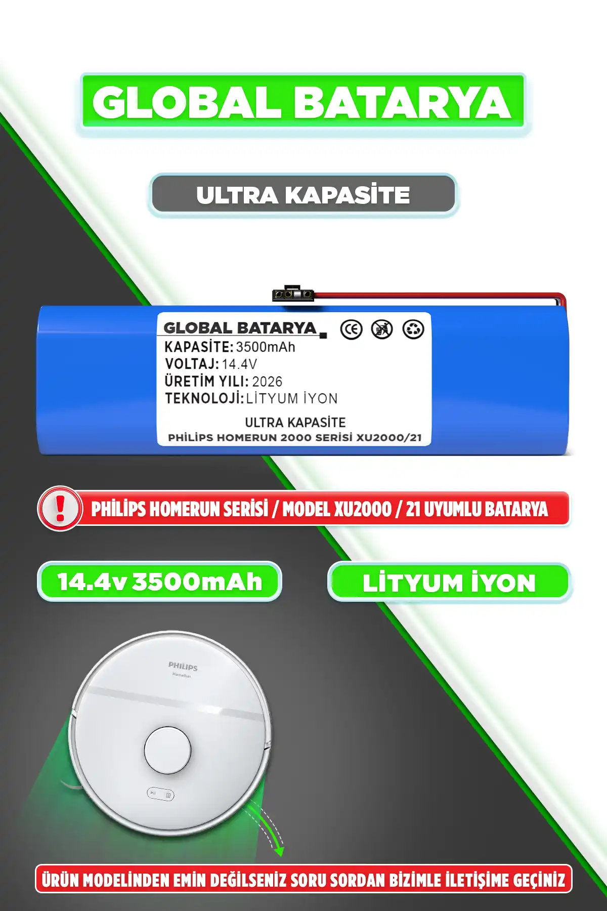 Philips Homerun 2000 Serisi XU2000-21 Robot Süpürge Bataryası 3500mAh Li-ion Pil (Ultra Kapasite)
