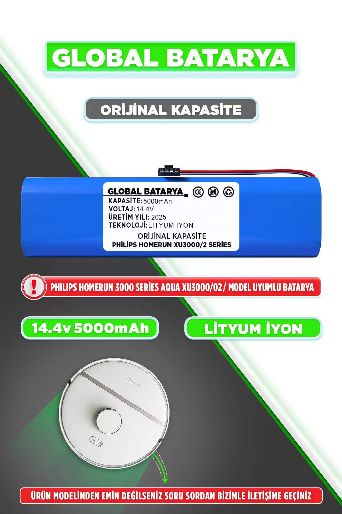 Philips Homerun 3000 Serisi Aqua XU3000-02 Batarya 5000mAh Li-ion Pil (Orijinal Kapasite)