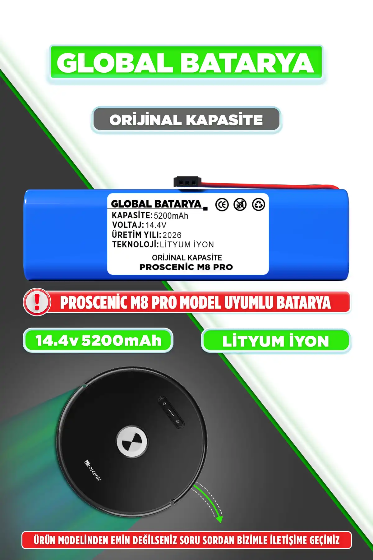 Proscenic M8 Pro Batarya 5200mAh Orijinal Kapasite