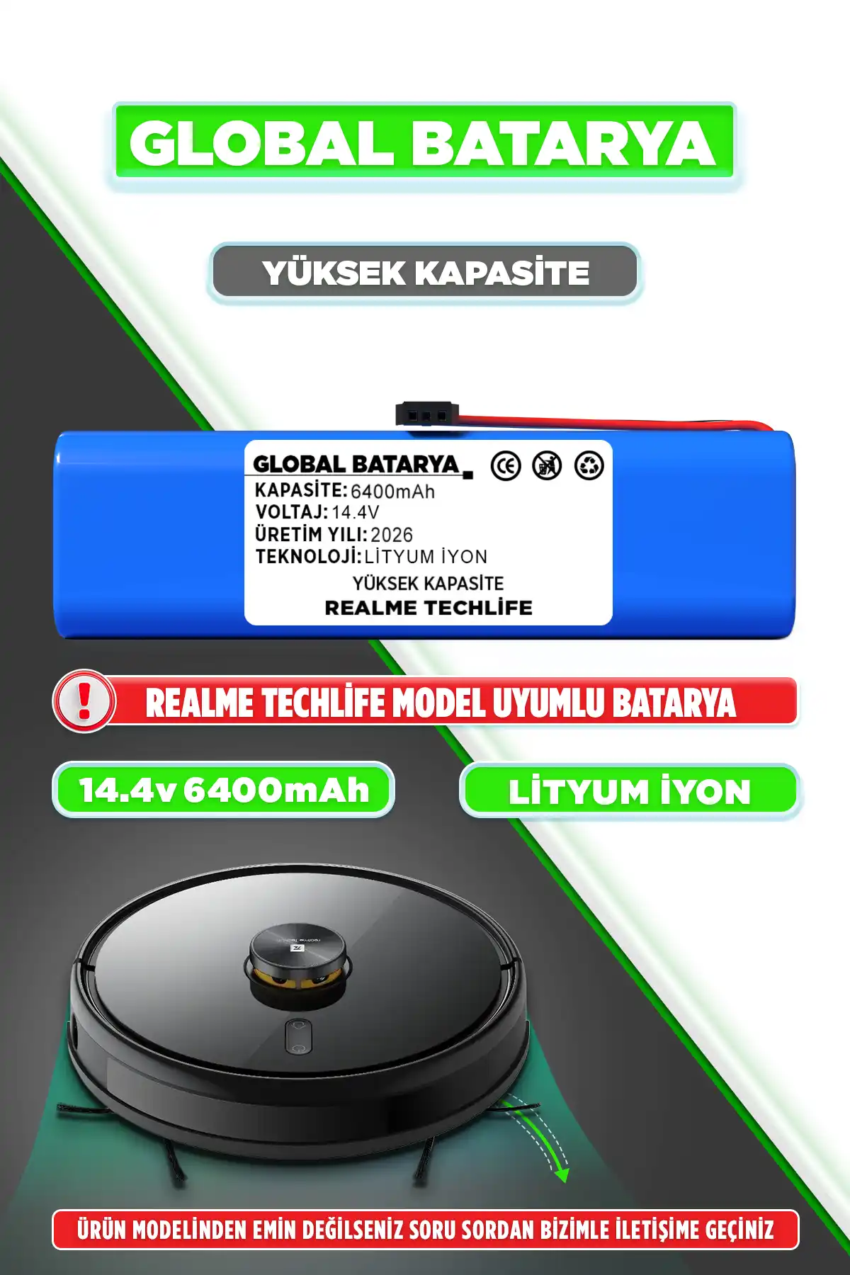Realme TechLife Robot Süpürge Bataryası 6400mAh Yüksek Kapasite