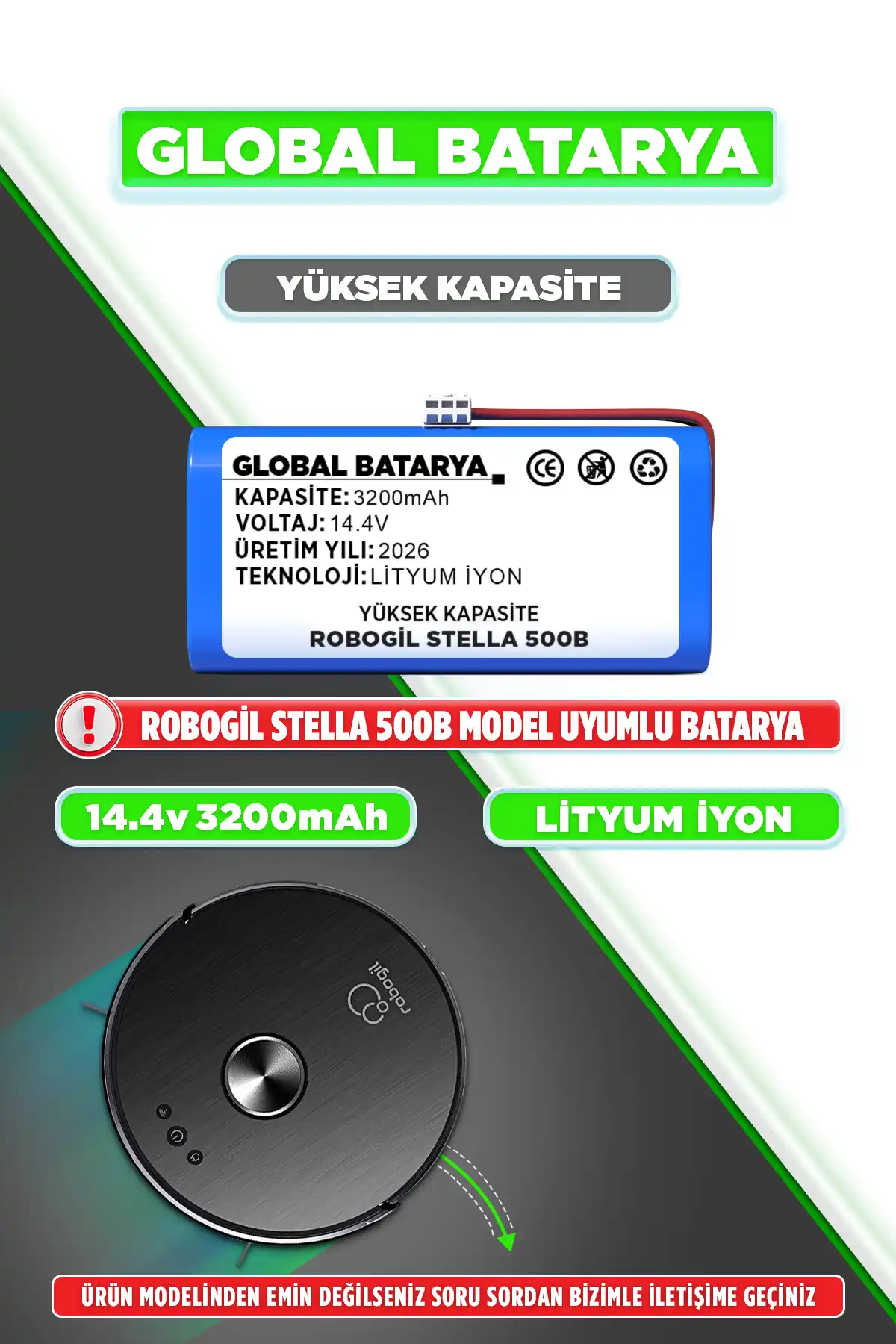 Robogil Stella 500B Batarya 3200mAh Li-ion Yedek Pil (Yüksek Kapasite)