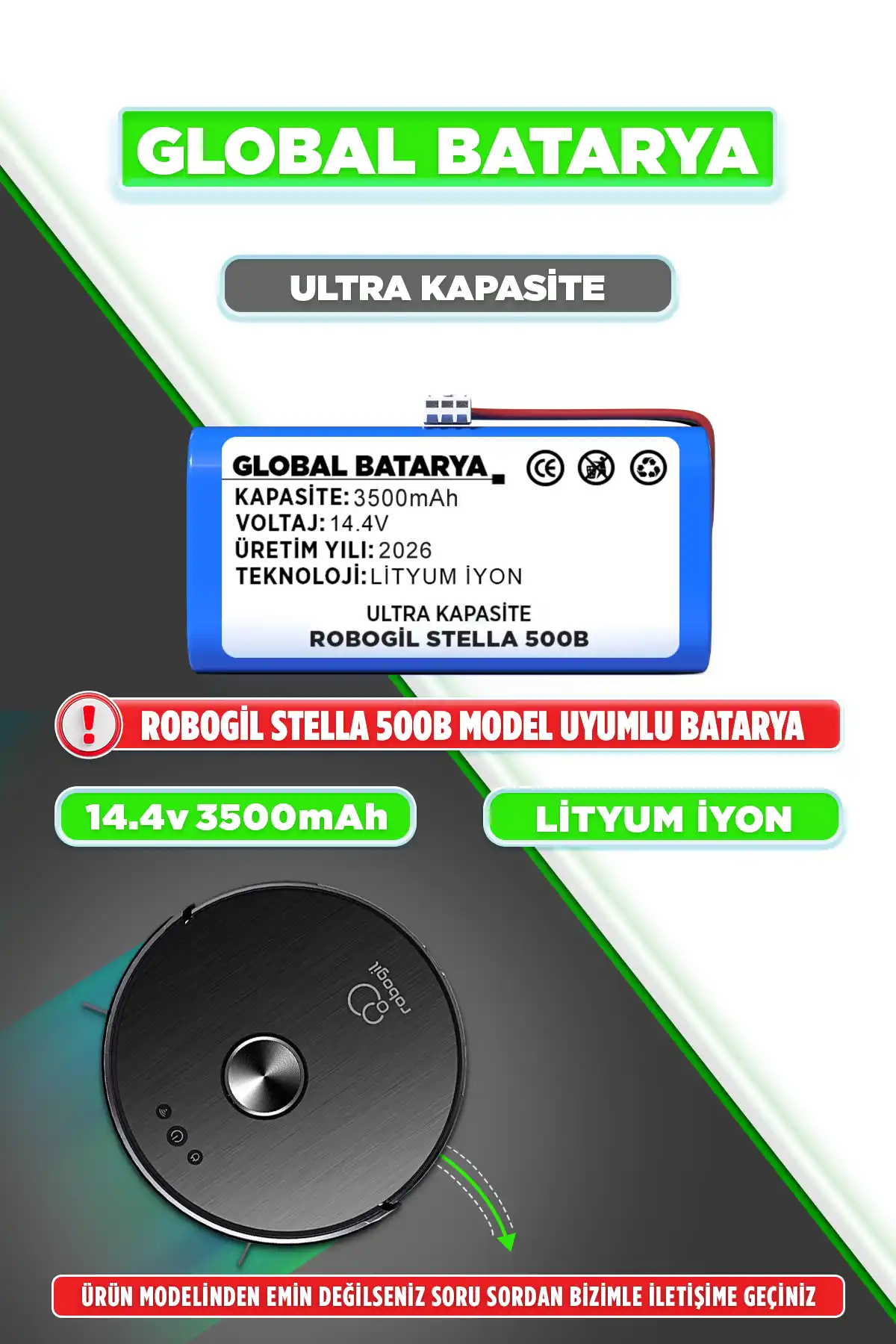 Robogil Stella 500B Batarya 3500mAh Li-ion Yedek Pil Ultra Kapasite