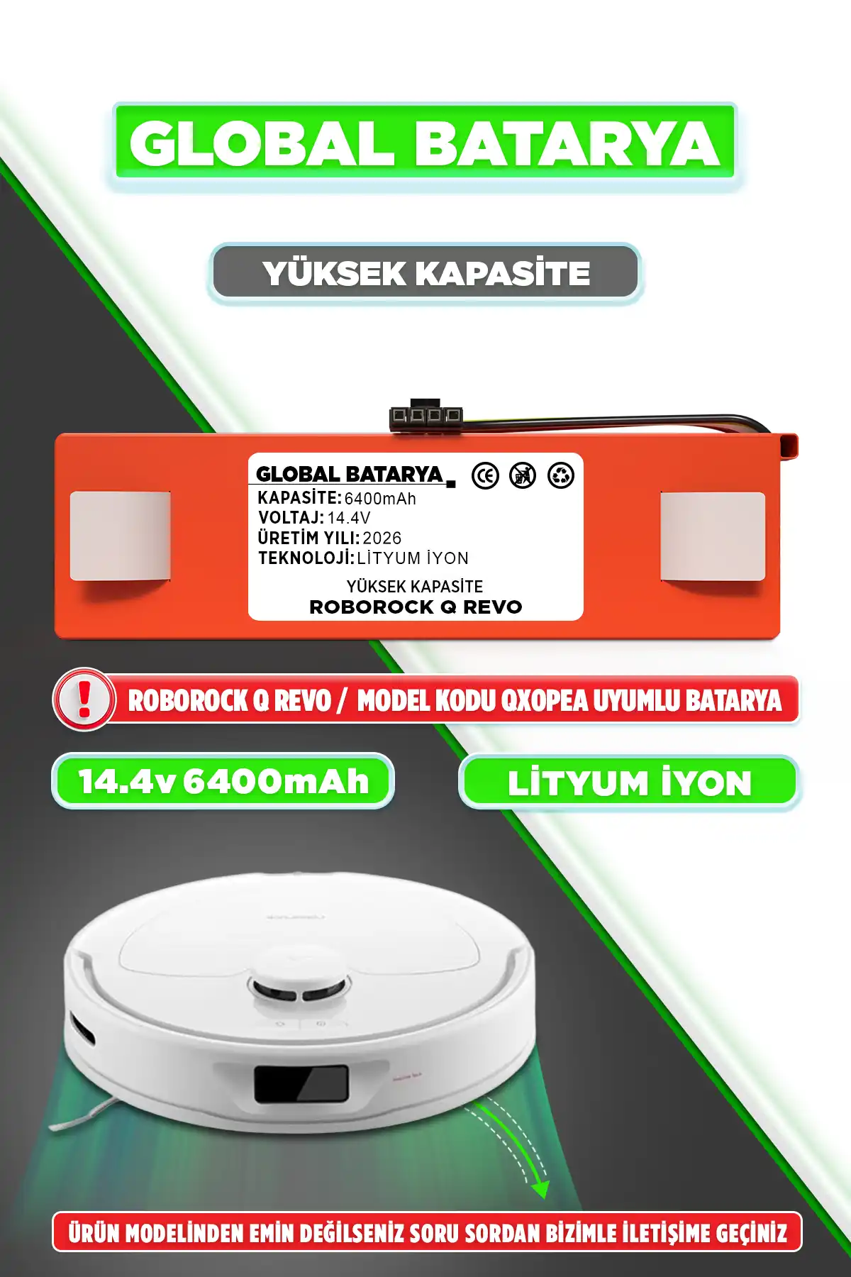 Roborock Q Revo Batarya 14.4v 6400mAh Lityum İyon Pil Yüksek Kapasite