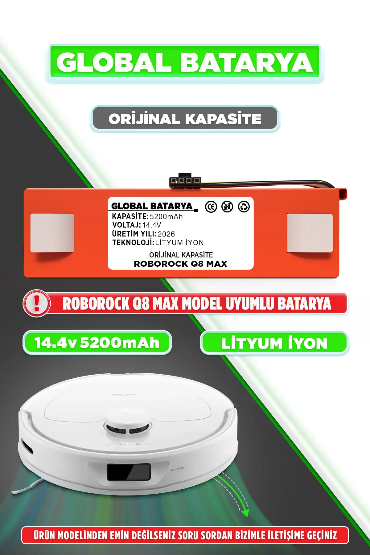 Roborock Q8 Max Batarya 5200mAh Lityum İyon Pil