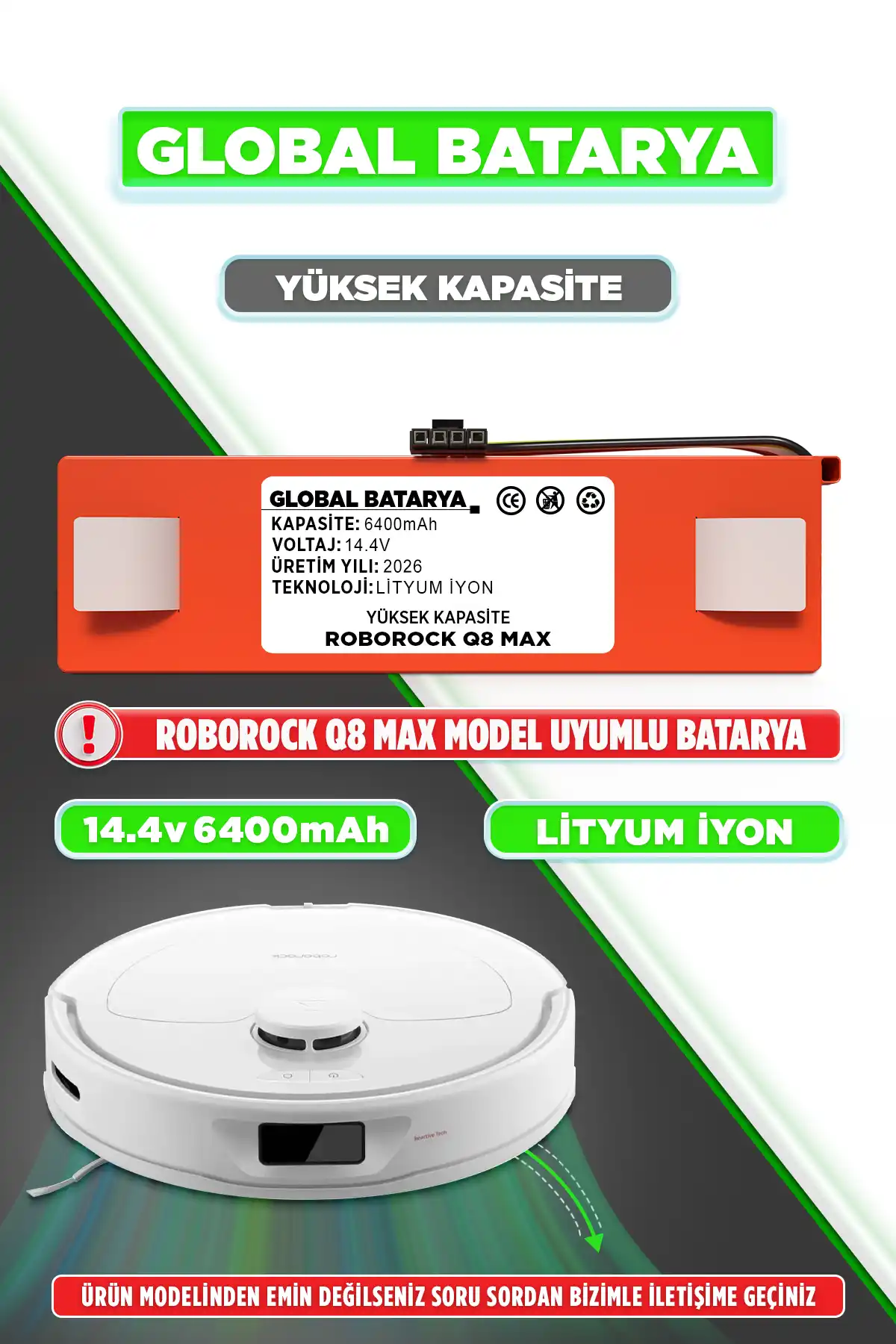 Roborock Q8 Max Batarya 6400mAh Lityum İyon Pil