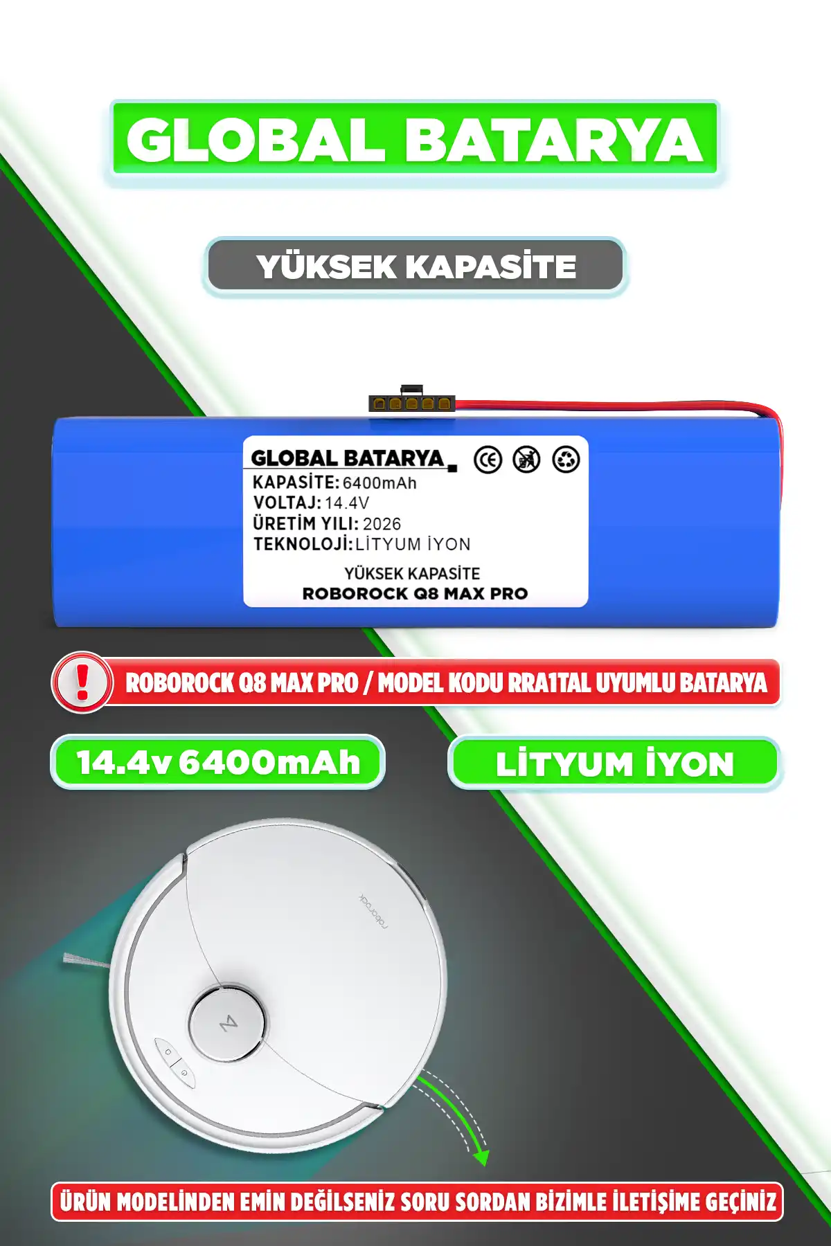 Roborock Q8 Max Pro Batarya 6400mAh Lityum İyon Pil Yüksek Kapasite