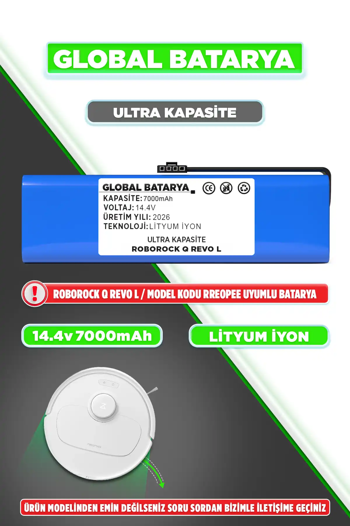 Roborock QRevo L Batarya 7000mAh Lityum İyon Pil Ultra Kapasite