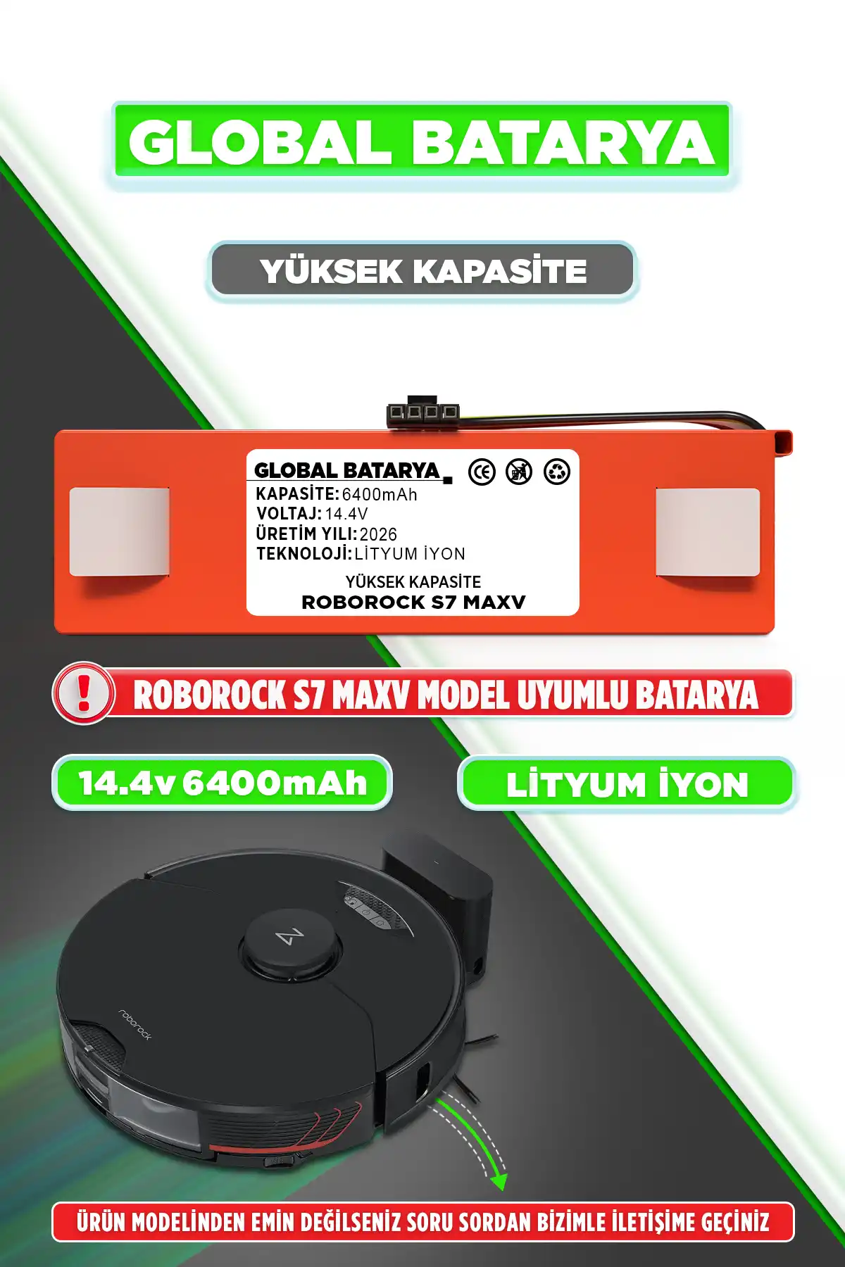 Roborock S7 MaxV Batarya 6400mAh Lityum İyon Pil