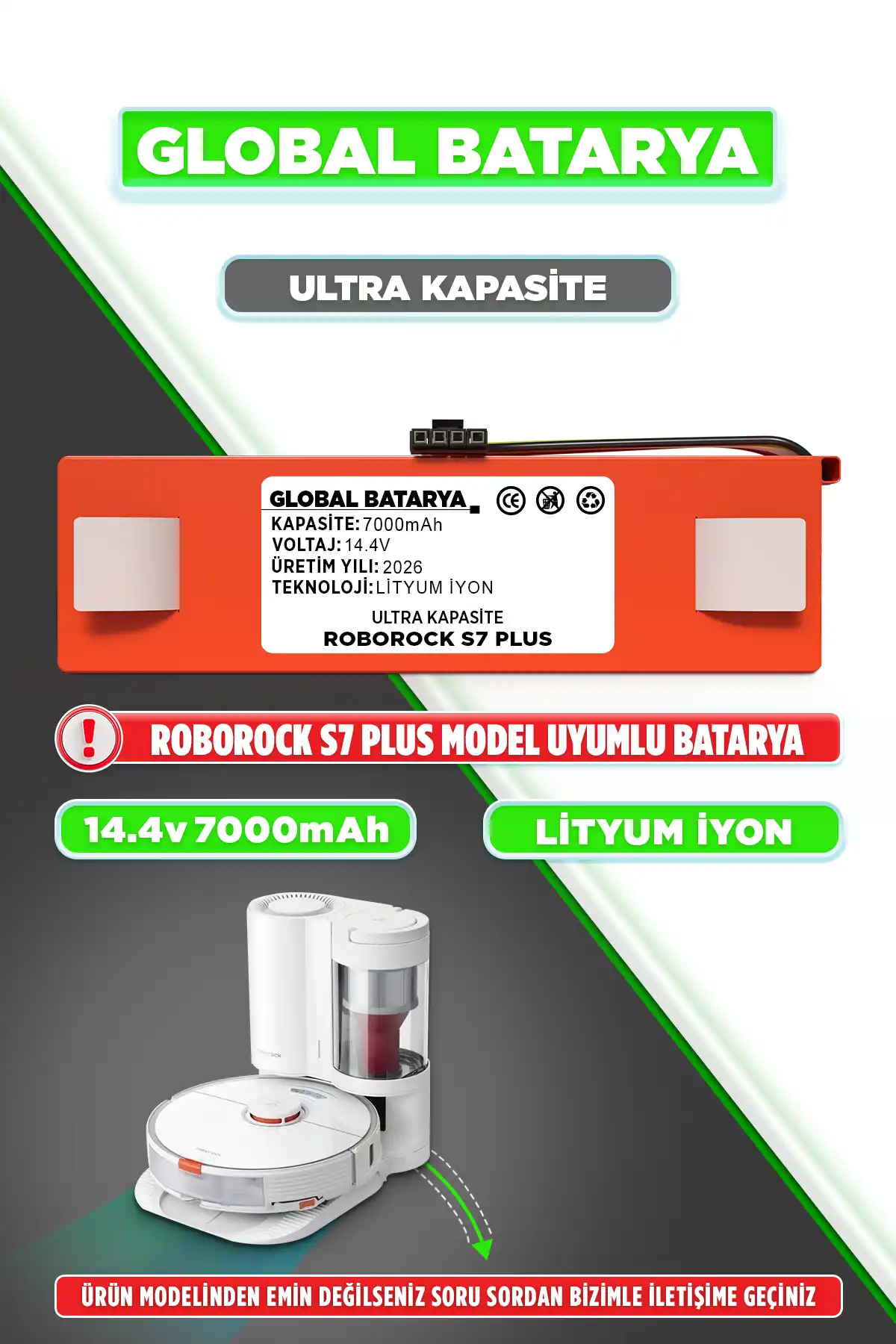 Roborock S7 Plus Batarya 7000mAh Lityum İyon Pil