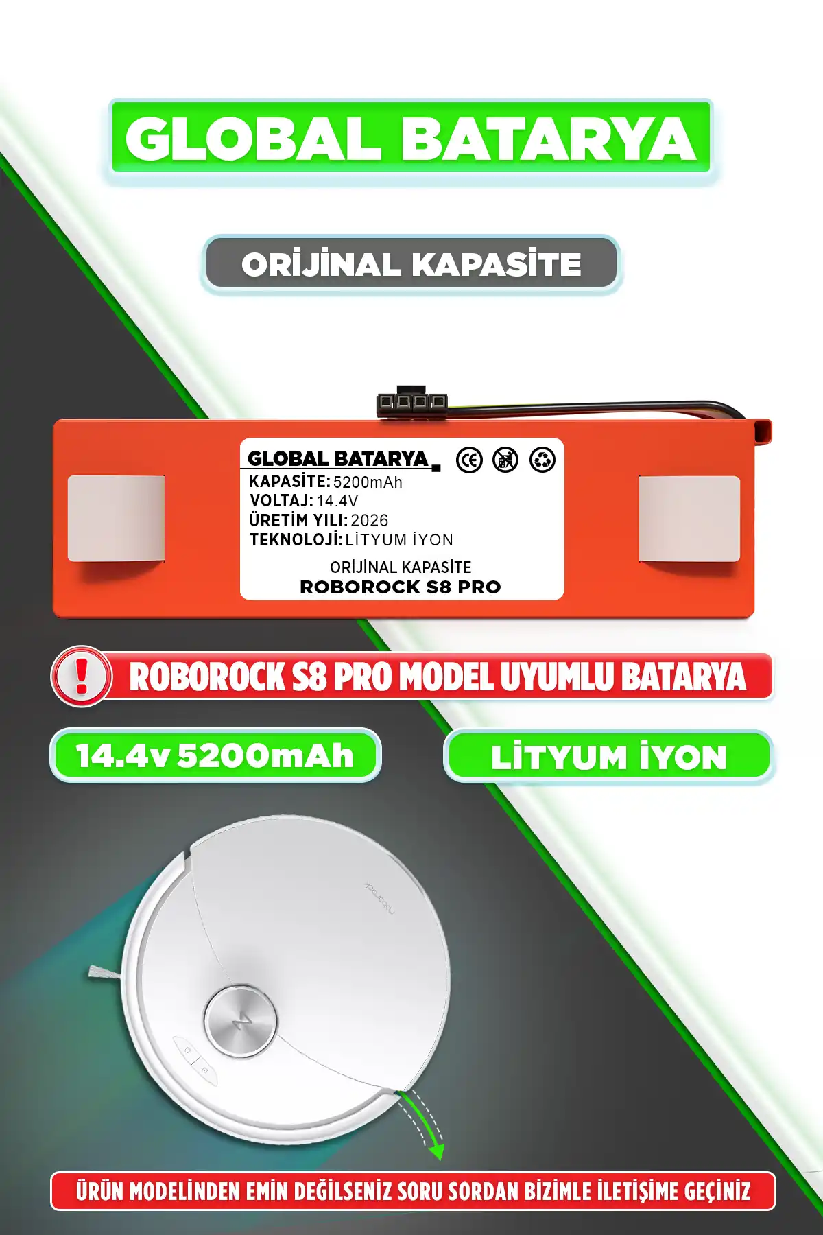 Roborock S8 Pro Batarya 5200mAh Lityum İyon Pil Orijinal Kapasite