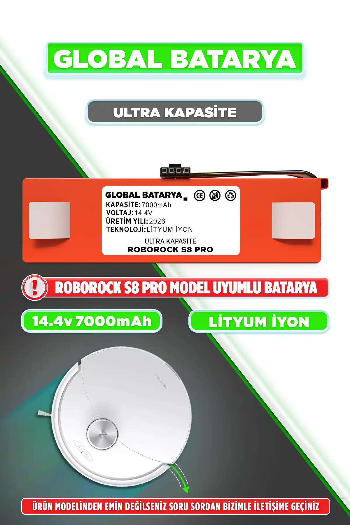 Roborock S8 Pro Batarya 7000mAh Lityum İyon Pil Ultra Kapasite