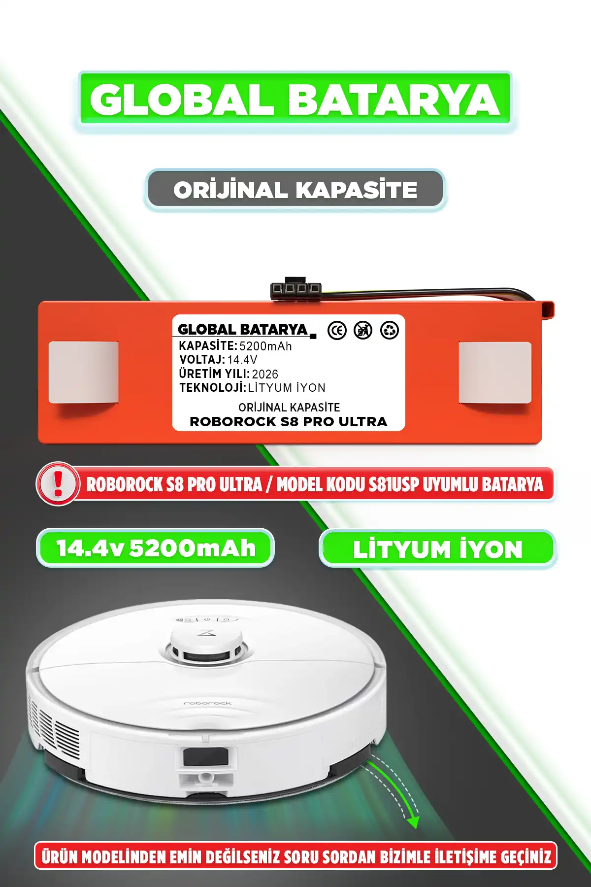 Roborock S8 Pro Ultra Batarya 5200mAh Lityum İyon Pil Orijinal Kapasite