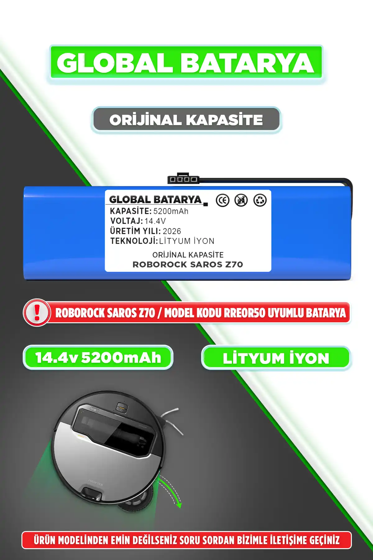 Roborock Saros Z70 Uyumlu Robot Süpürge Bataryası 5200mAh Orijinal Kapasite