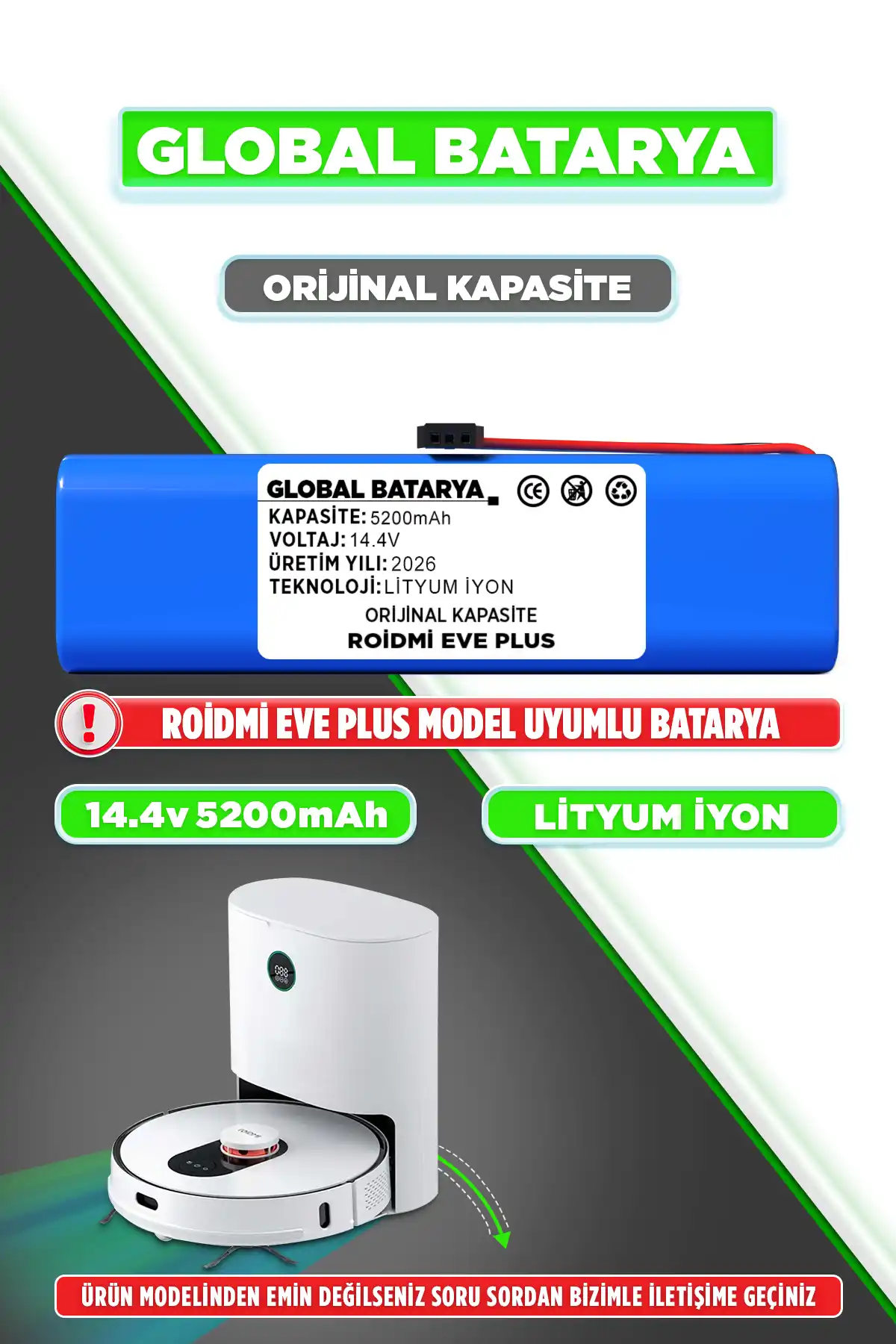 Roidmi Eve Plus Batarya 5200mAh Lityum İyon Yedek Pil Orijinal Kapasite