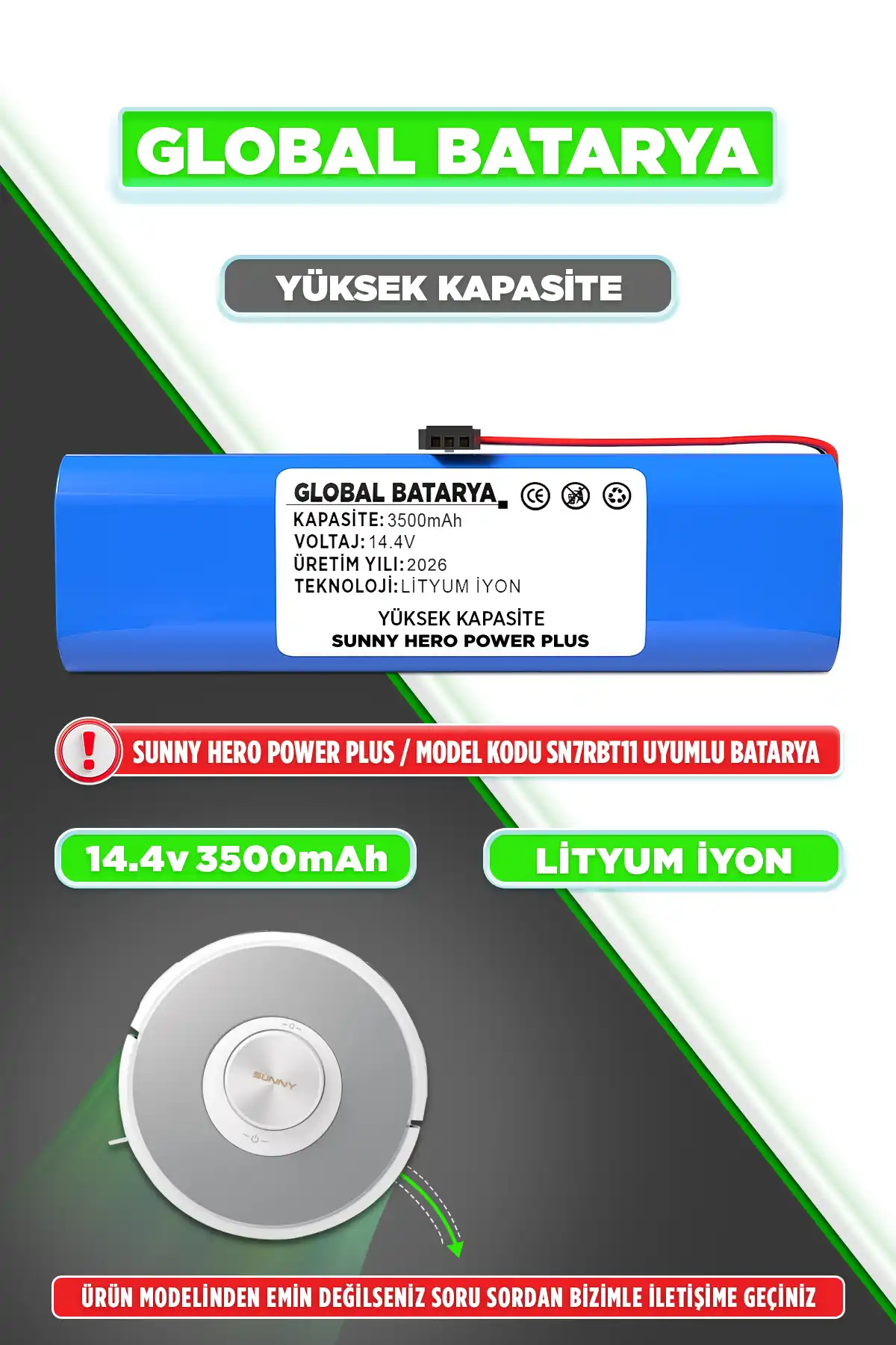 Sunny Hero Power Plus Robot Süpürge Bataryası 3500mAh Yüksek Kapasite