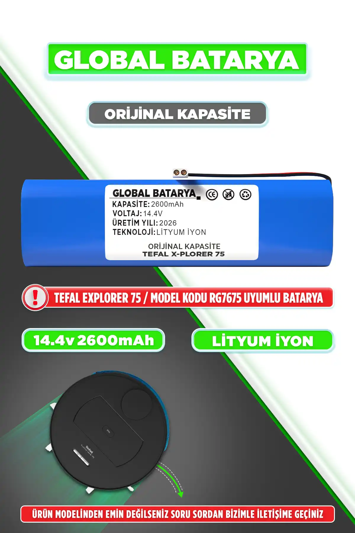 Tefal X Plorer Serie 75 Batarya 14.4v 2600mAh Lityum İyon Pil (Orijinal Kapasiteli Yedek Batarya