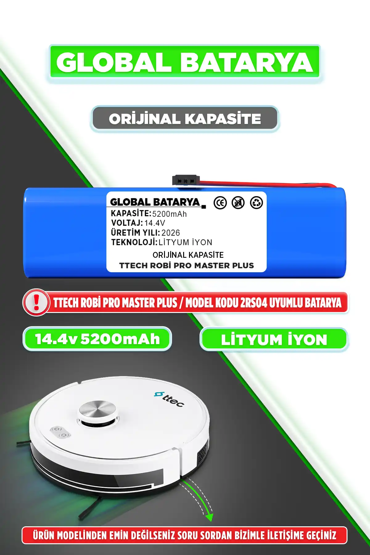TTEC Robi Pro Master Plus 2RS04 Robot Süpürge Bataryası 14.4v 5200mAh Li-ion Pil (Orijinal Kapasite)