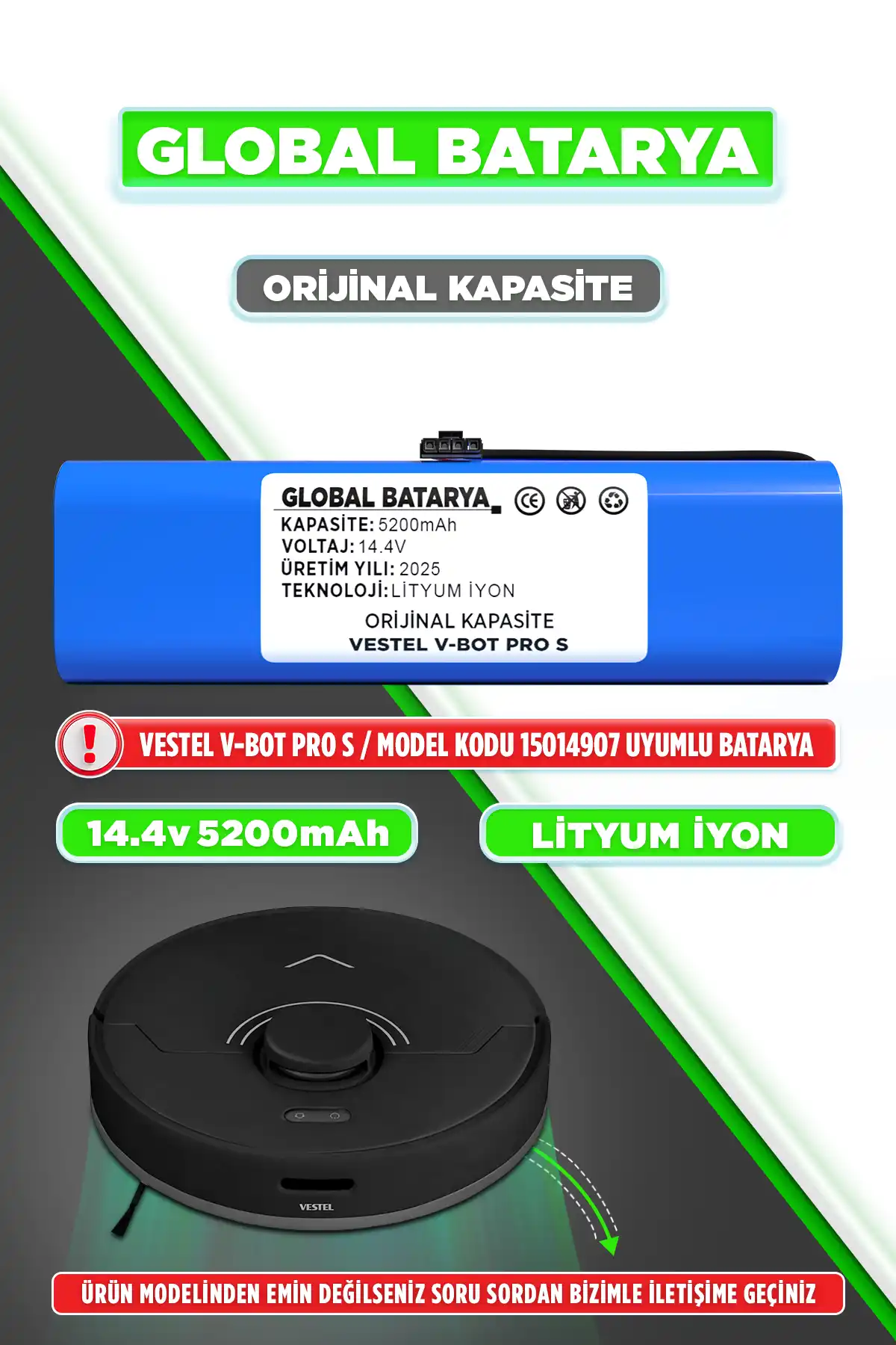 Vestel V-Bot Pro S Uyumlu Batarya 5200mAh Orijinal Kapasite