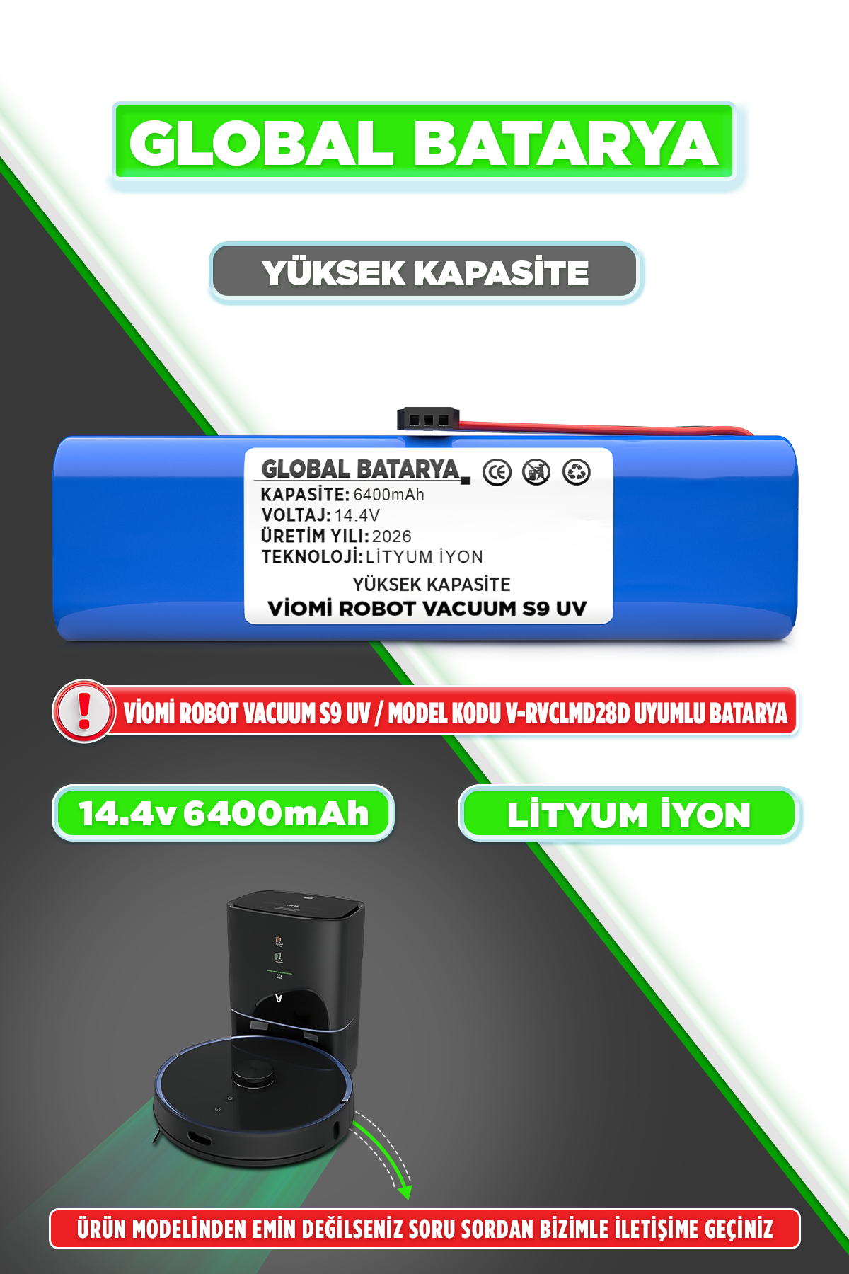 Viomi Robot Vacuum S9 UV Batarya 6400mAh Li-ion Pil (Yüksek Kapasite)