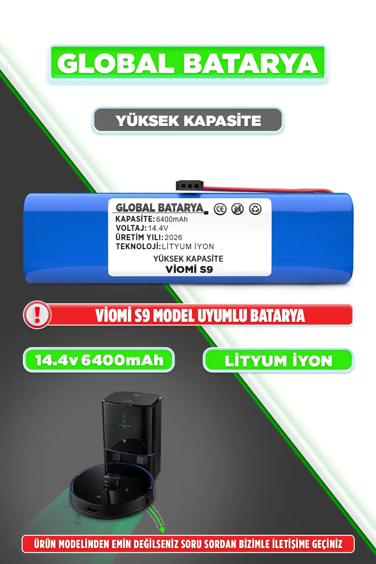 Viomi S9 Batarya 6400mAh Lityum İyon Pil Yüksek Kapasite