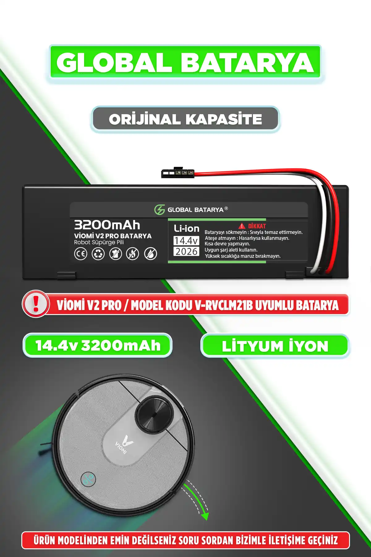 Viomi V2 Pro Batarya 3200mAh Lityum İyon Pil Orijinal Kapasite