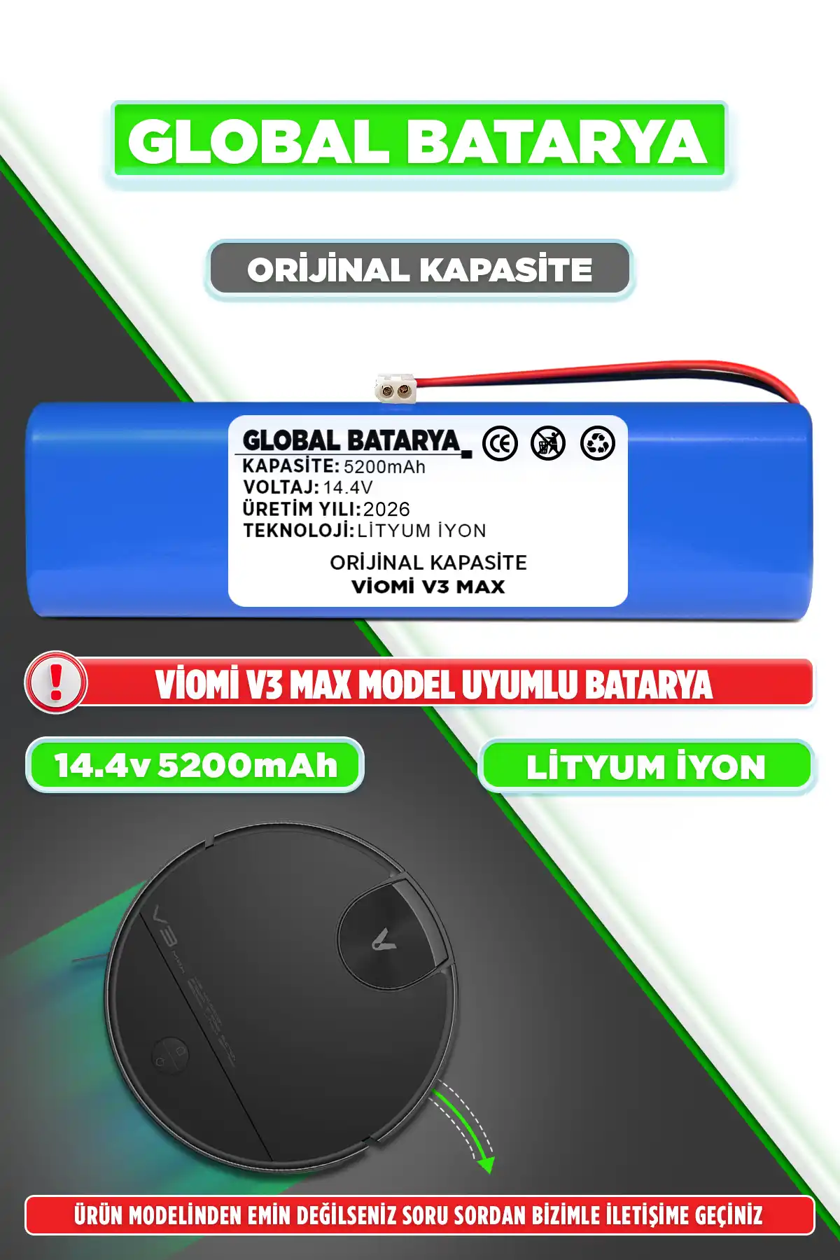 Viomi V3 Max Batarya 5200mAh Lityum İyon Pil Orijinal Kapasite