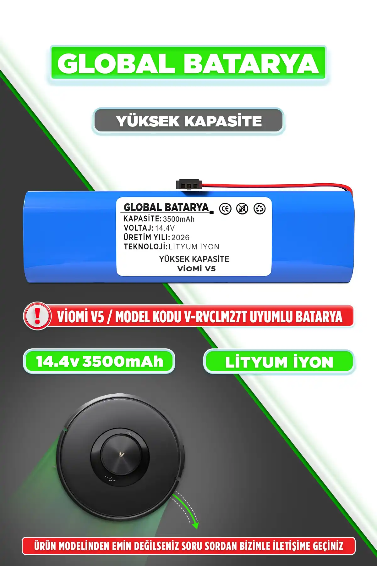 Viomi V5 Batarya 3500mAh Lityum İyon Pil Yüksek Kapasite