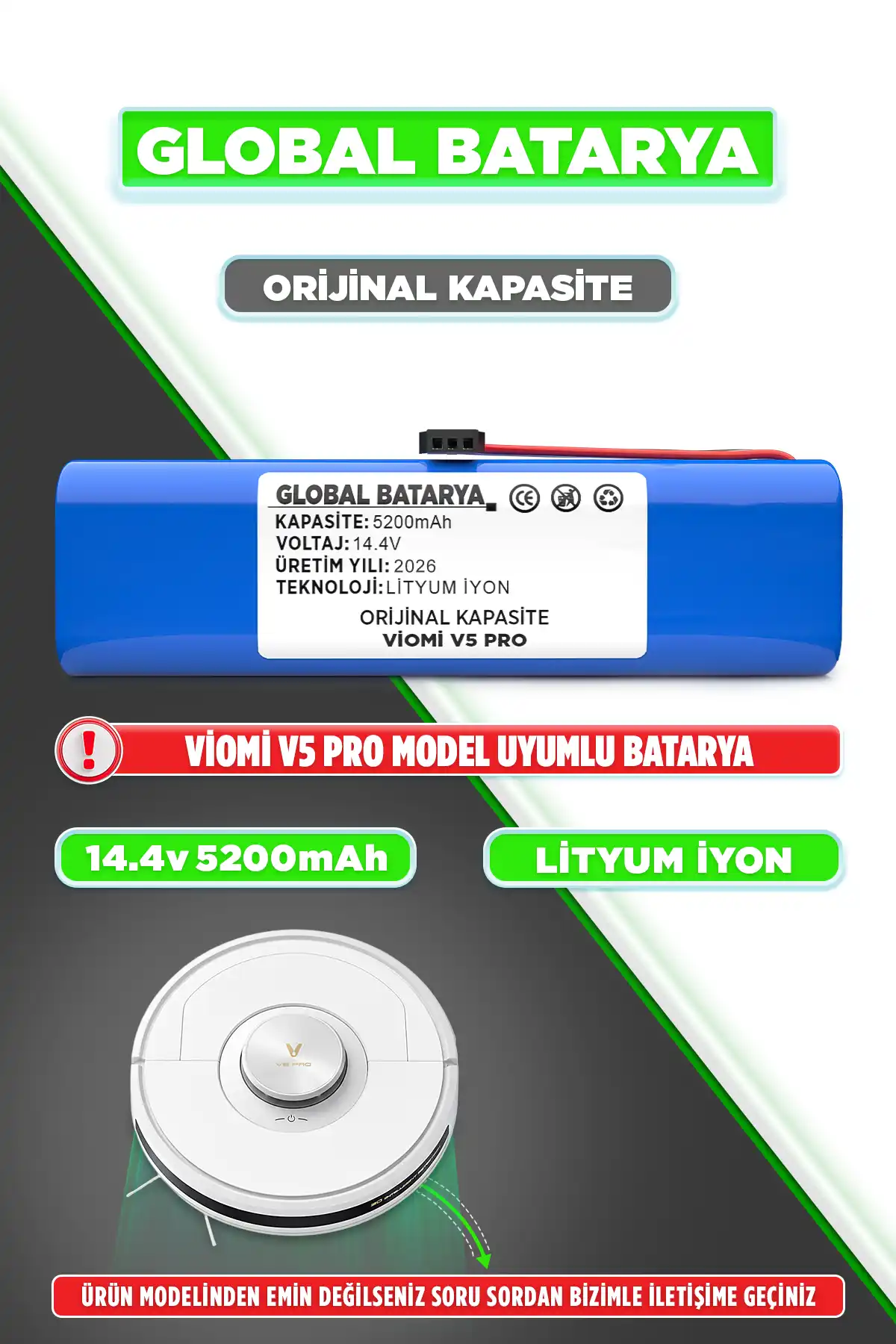 Viomi V5 Pro Batarya 5200mAh Lityum İyon Pil Orijinal Kapasite