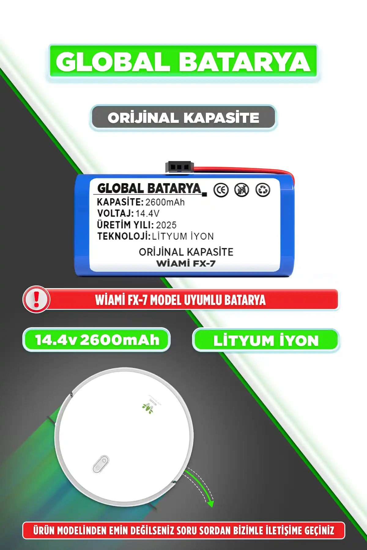 Wiami Fx7 Batarya 2600mAh Lityum İyon Pil Orijinal Kapasite