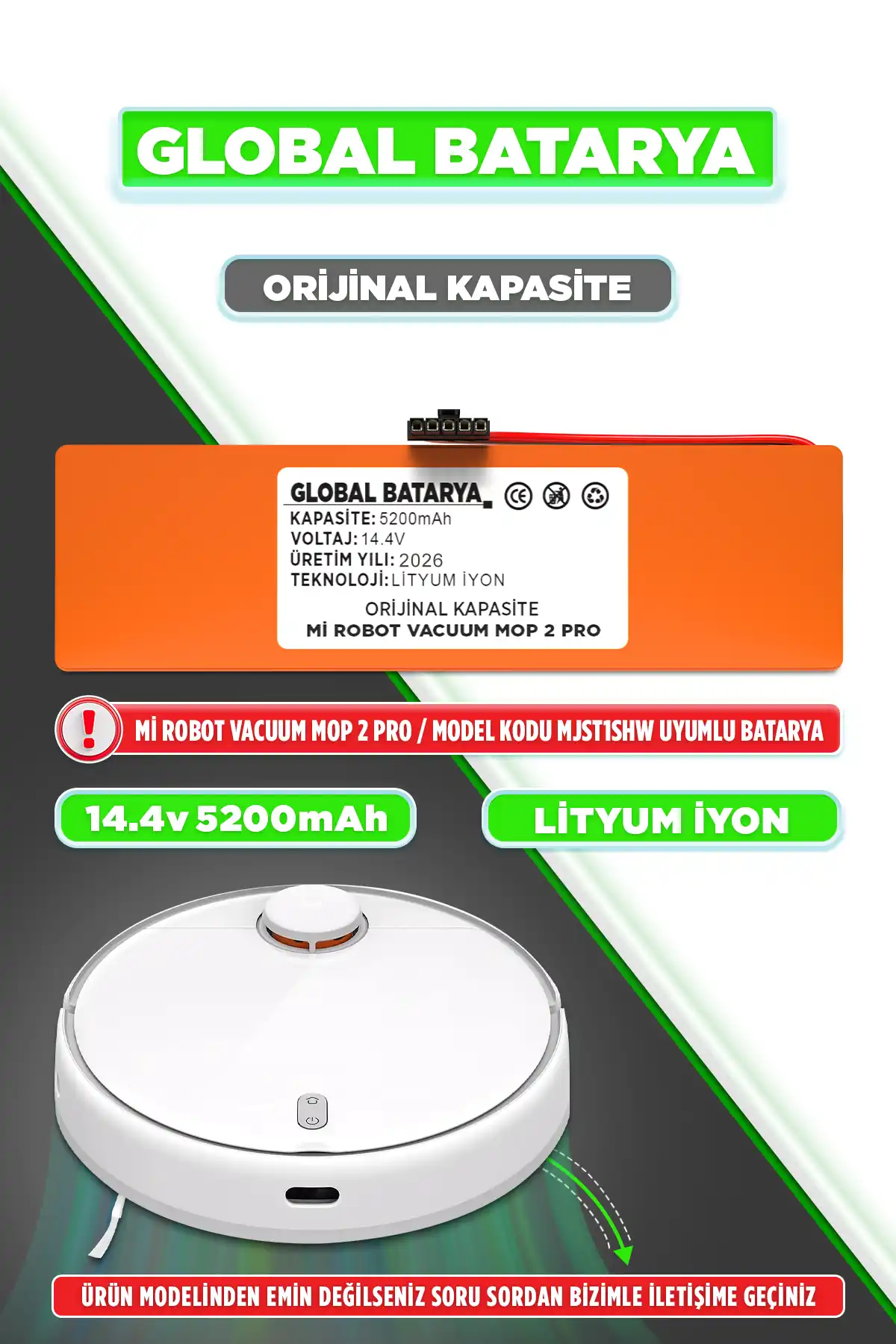 Xiaomi Mop 2 Pro Batarya 5200mAh Lityum İyon Pil Orijinal Kapasite