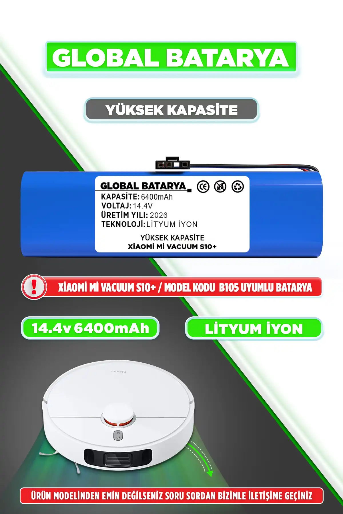 Xiaomi S10+ Robot Süpürge Bataryası 6400mAh Lityum İyon Pil Yüksek Kapasite