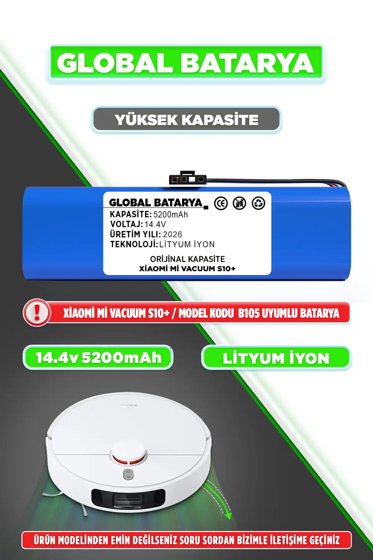 Xiaomi S10 Plus Robot Süpürge Bataryası 5200mAh Orijinal Kapasite