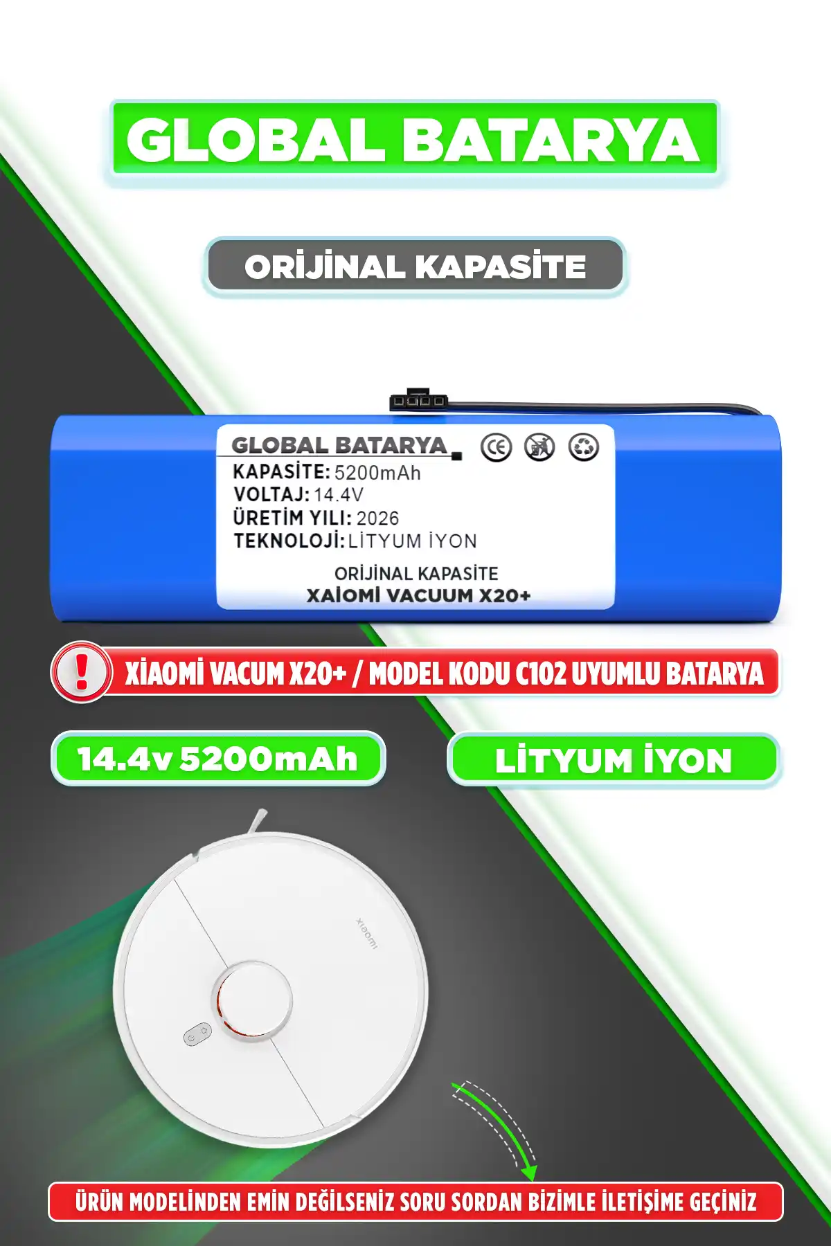 Xiaomi Vacuum X20 + Robot Süpürge Bataryası Li-ion Pil 5200mAh Orijinal Kapasite