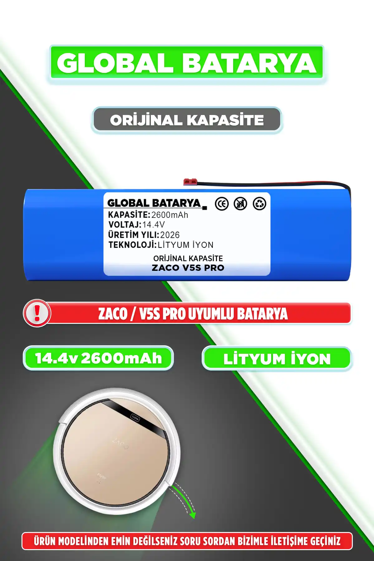 Zaco V5S Pro Uyumlu Robot Süpürge Bataryası 2600mAh Orijinal Kapasite