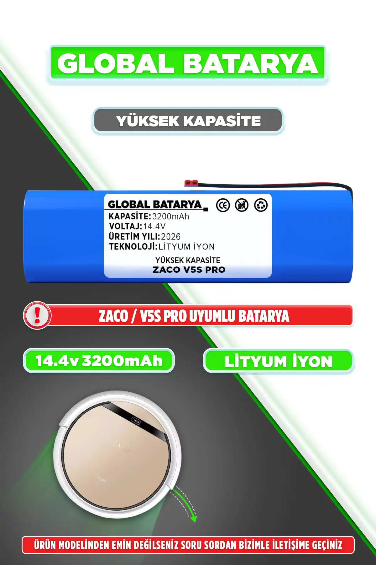 Zaco V5S Pro Uyumlu Robot Süpürge Bataryası 3200mAh Yüksek Kapasite
