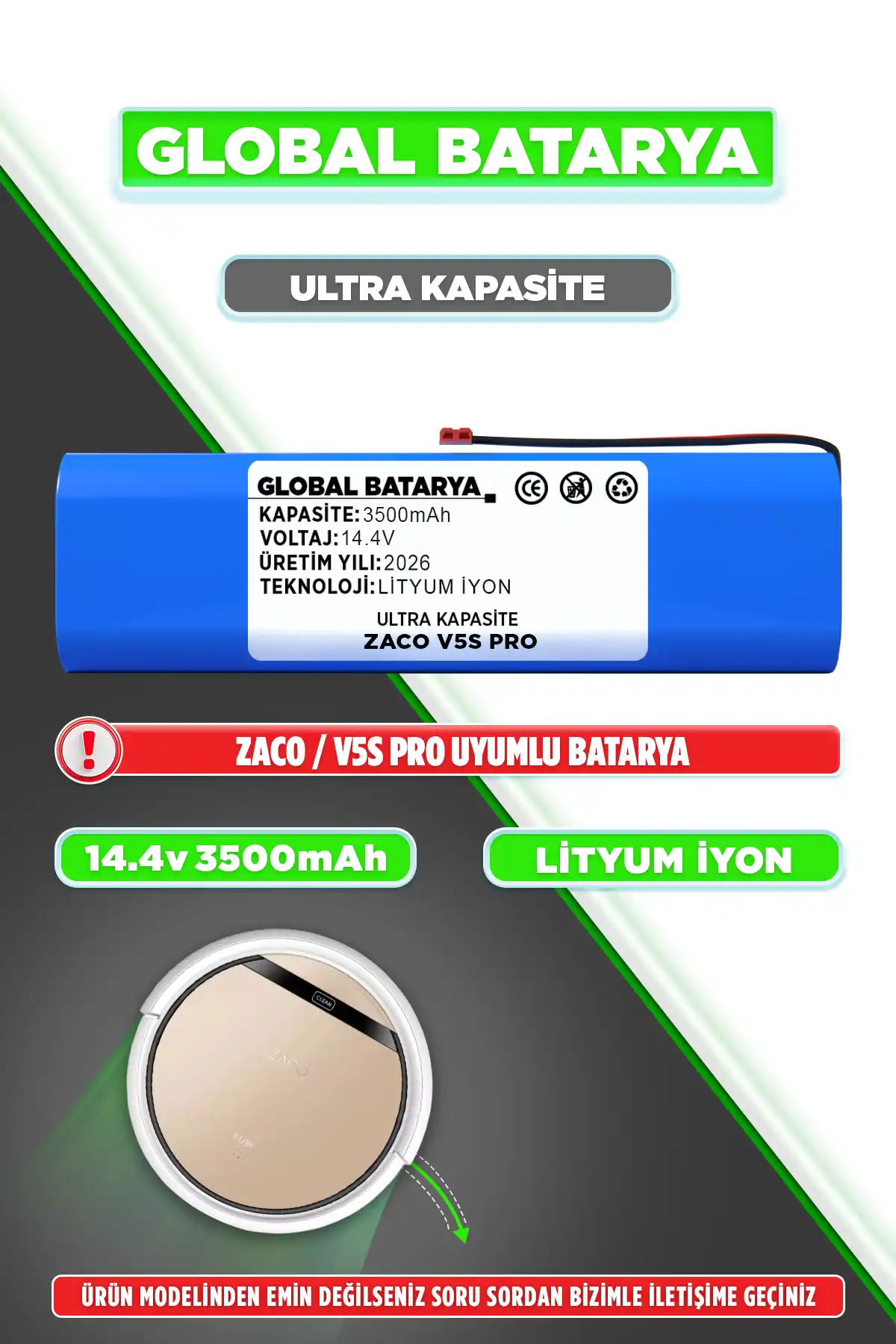 Zaco V5S Pro Uyumlu Robot Süpürge Bataryası 3500mAh Ultra Kapasite